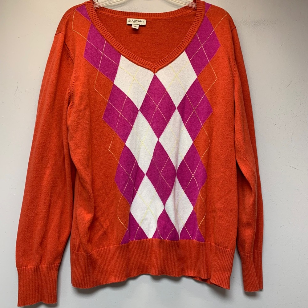 St. John's Bay V-Neck Sweater Women XL Orange Argyle Cotton Excellent 14514